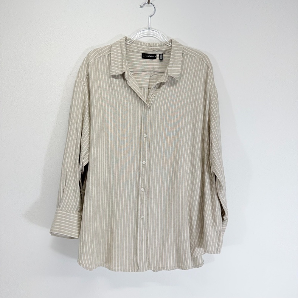 Rafaella Plus 2X Linen Blend Striped Button Down Tan White Coastal Chic Shirt